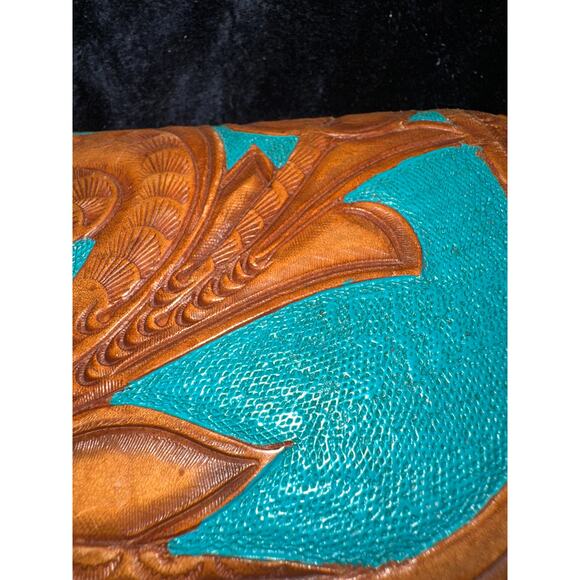 VINTAGE UNIQUE TURQUOISE LARGE WESTERN TOOLED LEATHER BAG! - Picture 4 of 11
